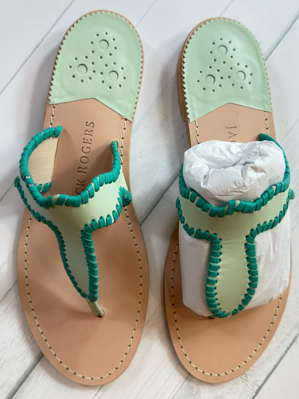NWOT Jack Rogers Mint Green Leather Whipstitch Thong Sandals